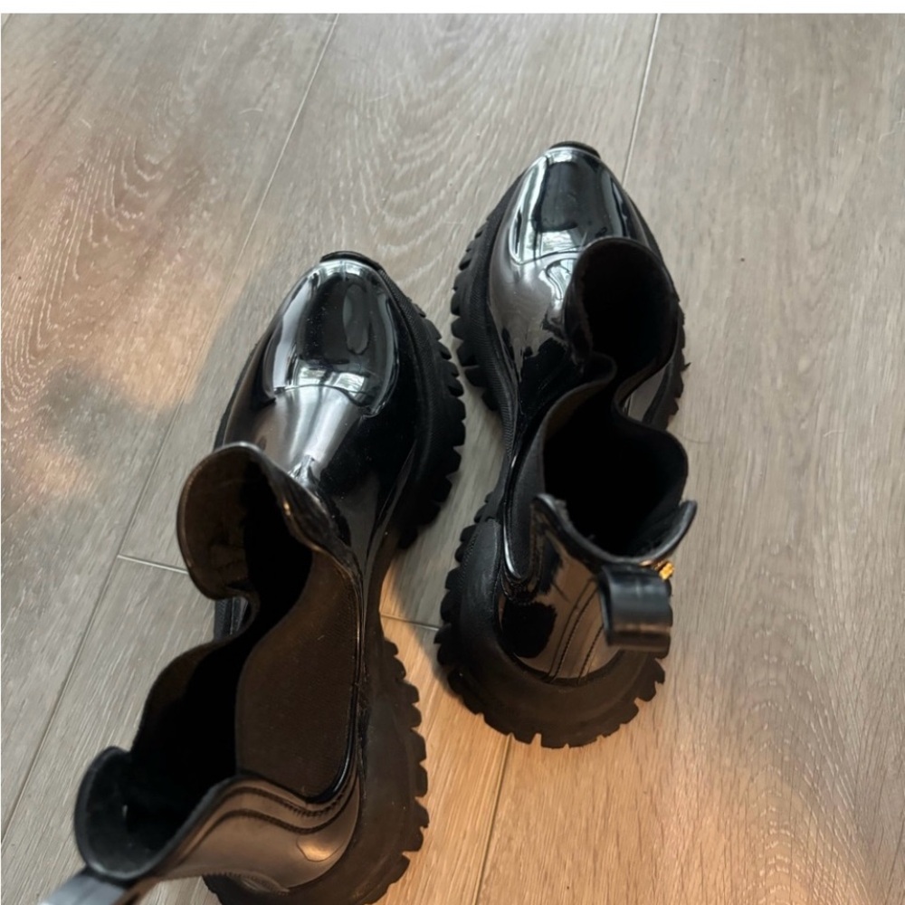 Lemon Jelly Glossy Black Women's Rain Booties with Chunky Sole